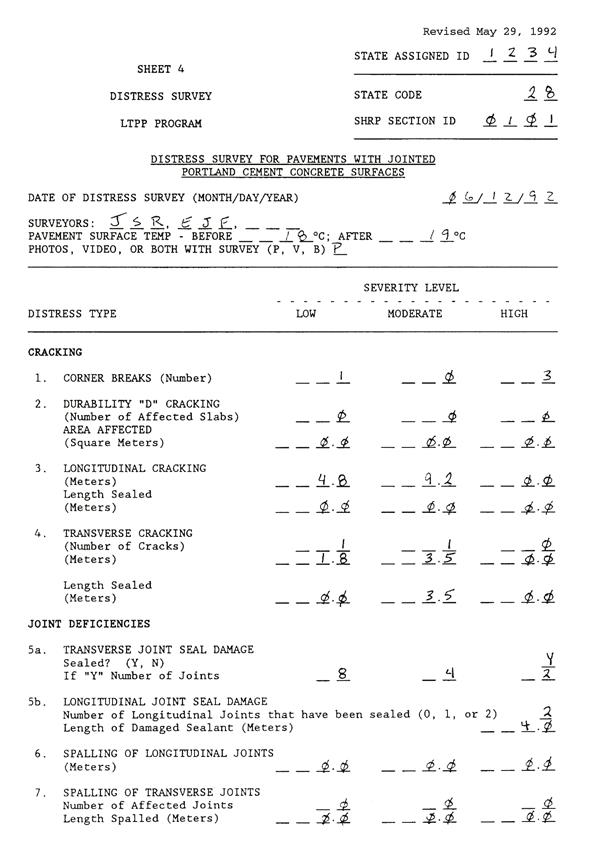 This part of the appendix shows completed maps and survey forms for a JCP 60 m long. The rater uses the definitions from the DIM and the symbols from this appendix when mapping the section.