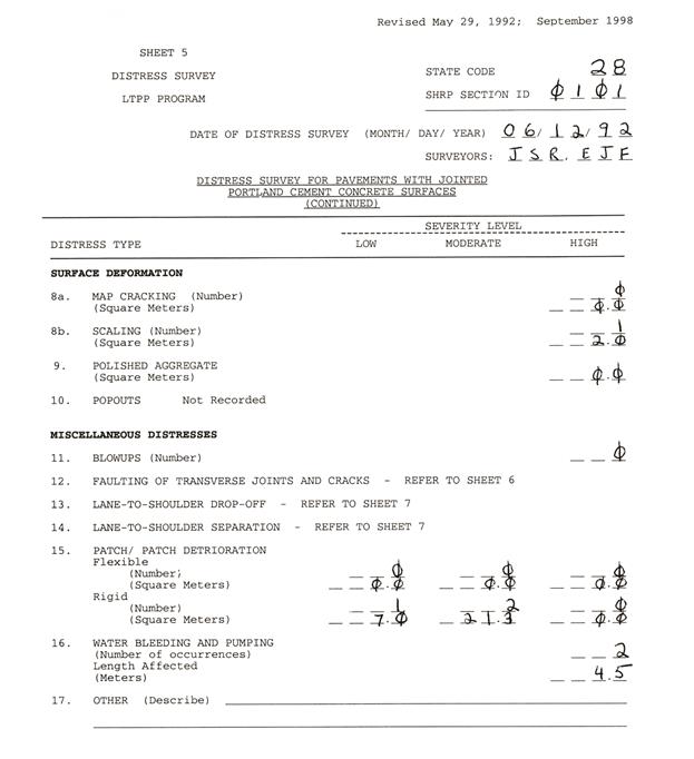 This part of the appendix shows completed maps and survey forms for a JCP 60 m long. The rater uses the definitions from the DIM and the symbols from this appendix when mapping the section.