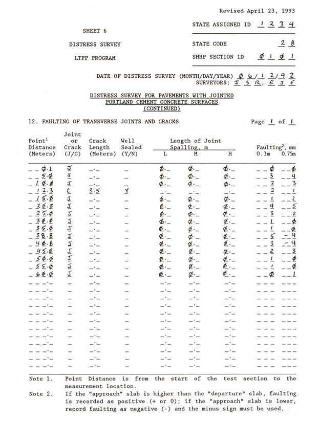 This part of the appendix shows completed maps and survey forms for a JCP 60 m long. The rater uses the definitions from the DIM and the symbols from this appendix when mapping the section.