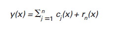 Figure 1. y of x is equal to the summation of a c subscript j of x plus r subscipt n of x. y of x is equal to the summation of c subscript j of x, with j going from one to n, and that quantity added to r subscript n of x.  Where y(x) is the original profile, cj(x) represents intrinsic mode functions (IMFs) within the data set, and rn(x)  is the residue after the first n IMFs have been removed.