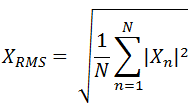 The equation calculates x sub RMS as equal to the square root of 1 over N times the absolute value of x sub n squared summed from n equals 1 to N.