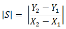 The equation calculates the absolute value of S as equal to the absolute value of y sub 2 close sub minus Y sub 1 close sub over x sub 2 close sub minus X sub 1 close sub.