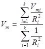 Figure 2. Equation. Gravity model equation. V subscript m equals the sum of fraction of V subscript mi over the square of Rsubscript i, end sum, divided by the sum of square of inverse R subscript i for i from 1 to k.