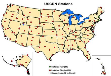 Figure 6. Map. U.S. Climate Research Network stations. This figure is a map of the United States. Each State is outlined but not labeled. The map shows the coverage of the U.S. Climate Research Network (USCRN) stations. Fourteen points are depicted with a green circle indicating the stations are installed in pairs. One hundred points are depicted with red circles indicating the stations are installed as a single, with eight stations in Alaska and two in Hawaii.