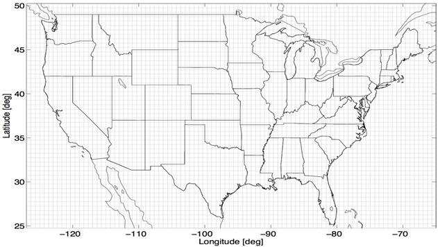 Figure 7. Map. Map of MERRA grid points over the continental United States where each grid point is approximately 31.1 by 37.3 mi at mid-latitudes. This figure is a map of the United States. Each State is outlined but not labeled. The map illustrates graphically the spatial density of Modern-Era Retrospective Analysis for Research and Application grid points over the continental United States. The horizontal axis shows the longitude of -125 to -65 and longitude spatial resolution of 0.67 in degrees, and the vertical axis shows the latitude of 25 to 50 and latitude spatial resolution of 0.5 in degrees.