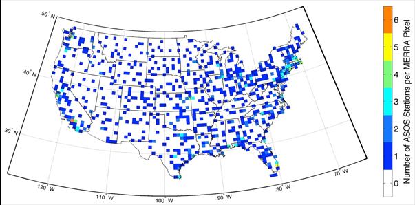 Figure 8. Map. Spatial distribution and density of first-order ASOS stations over the continental United States. This figure is a map of the United States. Each State is outlined but not labeled. The map shows the spatial distribution and density (computed as the number of Automated Surface Observing System (ASOS) stations per Modern-Era Retrospective Analysis for Research and Application (MERRA) grid pixel) of first-order ASOS ground-based weather stations over the continental United States. The density ranges from 0 to 6, with the majority of the map showing a density of 1 or 2 for the ASOS stations. Very few areas have 3 or 4 ASOS stations per MERRA pixel. There are many locations where no ASOS stations are located.