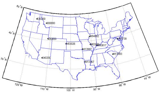 Figure 15. Map. Locations of ground-based weather stations investigated in this study. This figure is a map of the United States. Each State is outlined but not labeled. The map shows a total of 12 weather sites that were selected for the study. A range of topographical conditions was spanned by these stations. Two of the sites are located in the East Coast area, two in the Northwest, two in the Southwest, and the rest in the Midwest of the United States.