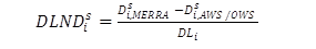 Figure 38. Equation. Design limit normalized difference. DLND subscript i superscript s equals the quantity D subscript i,MERRA superscript s minus D subscript i,AWS/OWS superscript s, end quantity, divided by DL subscript i.