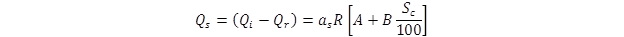 Figure 46. Equation. Shortwave radiation heat flux from OWS data. Q subscript s equals the quantity Q subscript i minus Q subscript r, end quantity, equals to a subscript s time R multiplied by the quantity A plus B time the quantity S subscript c divided by 100, end quantity, end quantity.