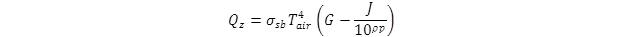 Figure 50. Equation. Uncorrected incoming longwave radiation heat flux. Q subscript z equals the sigma subscript sb times T subscript air to the power of 4 times the quantity G minus the quantity J divided by 10 to the power of rho times p, end quantity, end quantity.