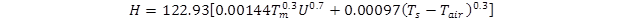 Figure 53. Equation. Convection heat transfer coefficient. H equals 122.93 times the quantity 0.00144 times T subscript m to the power of 0.3 times U to the power of 0.7 plus 0.00097 times the quantity T subscript s minus T subscript air, end quantity, to the power of 0.3, end quantity.