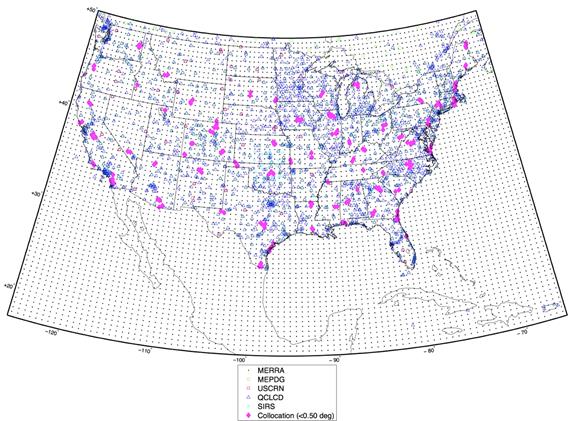 Figure 65. Map. Collocated USCRN, QCLCD, and MERRA datasets. This figure is a map of the United States. Each State is outlined but not labeled. This map shows the locations within the contiguous United States of the various climate data products examined in this study, including Modern-Era Retrospective Analysis for Research and Application (MERRA), Mechanistic-Empirical Pavement Design Guide (MEPDG), U.S. Climate Research Network (USCRN), Quality Controlled Local Climatological Data (QCLCD), and Solar Infrared Radiation Station System. A total of 354combinations of USCRN, QCLCD, and MERRA data sites were collocated to within 0.5 degrees of horizontal separation. These sites are indicated with a diamond.