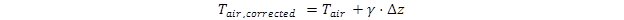 Figure 66. Equation. Adiabatic lapse rate temperature correction equation. T subscript air, corrected equals T subscript air plus gamma time delta z.