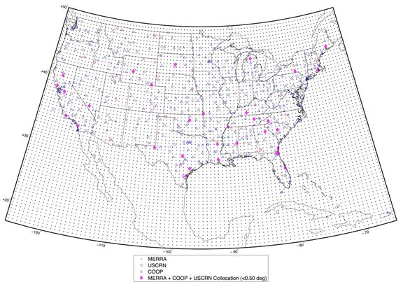 >Figure 75. Map. Collocated USCRN, COOP, and MERRA datasets. This figure is a map of the United States. Each State is outlined but not labeled. This map shows the distribution of the collocated U.S. Climate Research Network (USCRN), Cooperative Observer Program (COOP), and Modern-Era Retrospective Analysis for Research and Application (MERRA) sites. A total of 119combinations of USCRN, COOP, and MERRA data sites were collocated to within 0.5degrees of horizontal separation. These sites are indicated with a diamond.
