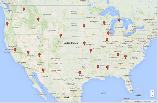 Figure 89. Map. Sites used for evaluation of MEPDG performance predictions using MEPDG and MERRA climate data. This figure is a map of the United States. Each State is outlined but not labeled. This map shows an even distribution of analyzed sites across the contiguous United States.