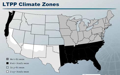 Figure 98. Map. LTPP climate zone map. This figure is a map of the United States. Each State is outlined but not labeled. This map is divided into four climate zones. The southeastern States and the northern far west States are highlighted in black and labeled as wet-nonfreeze areas. The northeastern States are highlighted in gray and labeled as wet-freeze areas. The north and midwestern States are transparent and labeled as dry-freeze areas. The southwestern States are highlighted in white and labeled as dry-nonfreeze areas. 