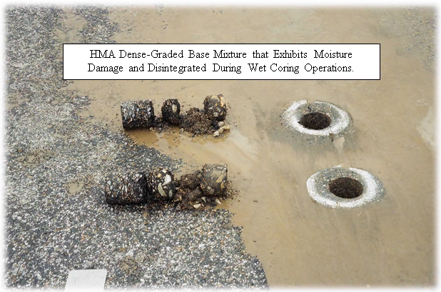 Figure 34. Photo. Cores recovered where moisture damage occurred, decreasing the in-place modulus of the layer/mixture (Texas SPS-5 project). This photo shows two cores recovered from a Texas Specific Pavement Studies (SPS)-5 project where moisture damage occurred, decreasing the in-place modulus of the layer/mixture. Both of the cores show the hot mix asphalt (HMA) overlay layers are intact, but the existing lower layers were recovered in pieces or disintegrated during the wet coring operations, suggesting moisture damage or stripping in the lower HMA layers.