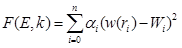 Figure 82. Equation. Error function definition for best fit procedure. F open parenthesis E, k closed parenthesis equals the summation from i equals 0 under n of alpha subscript i times open parenthesis w open parenthesis r subscript i closed parenthesis minus W subscript i closed parenthesis squared.