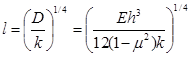 Figure 84. Equation. Radius of relative stiffness. l equals the ratio of open parenthesis D divided by k closed parenthesis raised to the power of 1 divided by 4 which equals open parenthesis E times cubed h all divided by and the quantity of 12 times open parenthesis 1 minus mu squared closed parenthesis times k closed parenthesis raised to the power of 1 divided by 4.