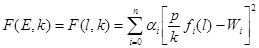 Figure 85. Equation. Error function in alternate form. F open parenthesis E, k closed parenthesis equals F open parenthesis l, k closed parenthesis equals the summation of sensors from i equals 0 to n of alpha subscript i times open bracket p divided by k times f subscript i times open parenthesis l closed parenthesis minus W subscript i closed bracket squared.