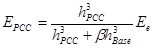 Figure 92. Equation. Slab modulus from effective modulus for unbonded condition. E subscript PCC equals the ratio of h cubed subscript PCC divided by the quantity of h cubed subscript PCC plus beta times h cubed subscript Base all times E subscript e.