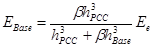 Figure 93. Equation. Base modulus from effective modulus for unbonded condition. E subscript Base equals the ratio of the quantity beta times h cubed subscript PCC divided by the quantity of h cubed subscript PCC plus beta times h cubed subscript Base all times E subscript e.