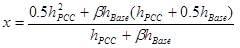 Figure 96. Equation. Depth of the parallel axis from the surface. x equals the ratio between the quantity of 0.5 times h squared subscript PCC plus the quantity of beta times h subscript Base times the quantity of open parenthesis h subscript PCC plus 0.5 times h subscript Base closed parenthesis divided by the quantity of h subscript PCC plus the quantity of beta times h subscript Base.