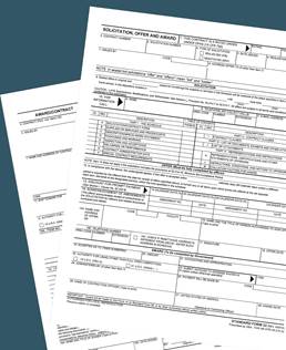 Illustration. Two Federal contracting forms (Solicitation, Offer and Award and Award Contract).