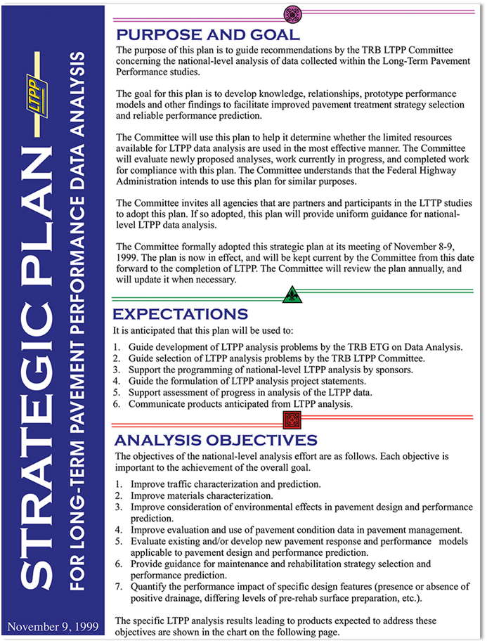 Figure 10.1. Page 1 of Strategic Plan for Long-Term Pavement Performance Data Analysis: Purpose and Goal, Expectations, and Analysis Objectives.