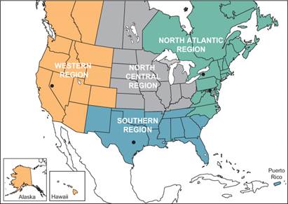 NOAMER-091408_Chap2finalWEB.jpg Figure 2.1. Map. The four LTPP regions in United States and Canada: North Atlantic, North Central, Southern, and Western.