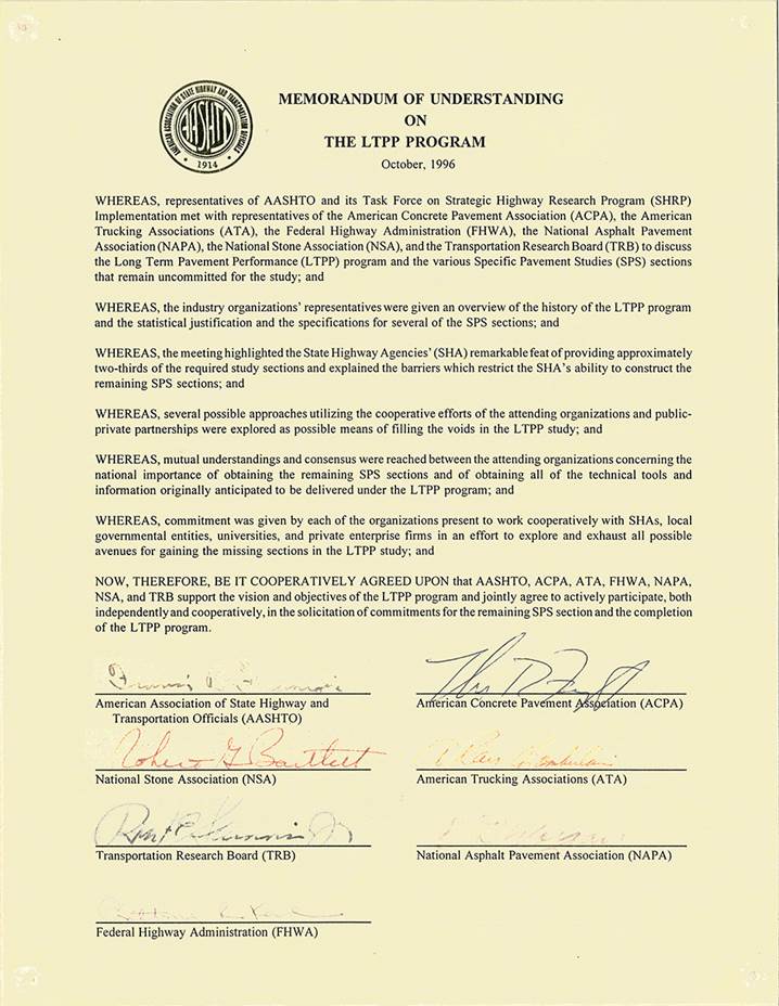 Illustration. Memorandum of Understanding on the LTPP Program, October 1996, on AASHTO letterhead, signed by officials of AASHTO, National Stone Association, Transportation Research Board, Federal Highway Administration, American Concrete Pavement Association, American Concrete Pavement Association, American Trucking Association, and National Asphalt Pavement Association.