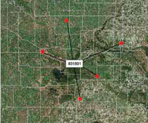 Figure 6.4. Map. Virtual weather station and locations of five nearby operating weather stations used to create the virtual weather station for GPS test section 831801 on Trans-Canada Highway 1 in southwestern Manitoba.