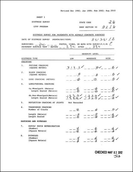 Figure 6.12. Photo. Form titled “Distress Survey for Pavements with Asphalt Concrete Surface.”