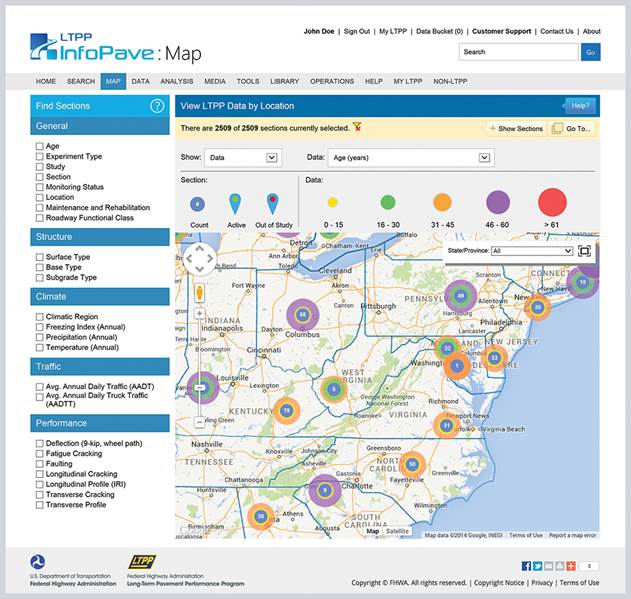 Figure 8.19. Screen shot. LTPP InfoPave™ Web site’s interactive map feature.