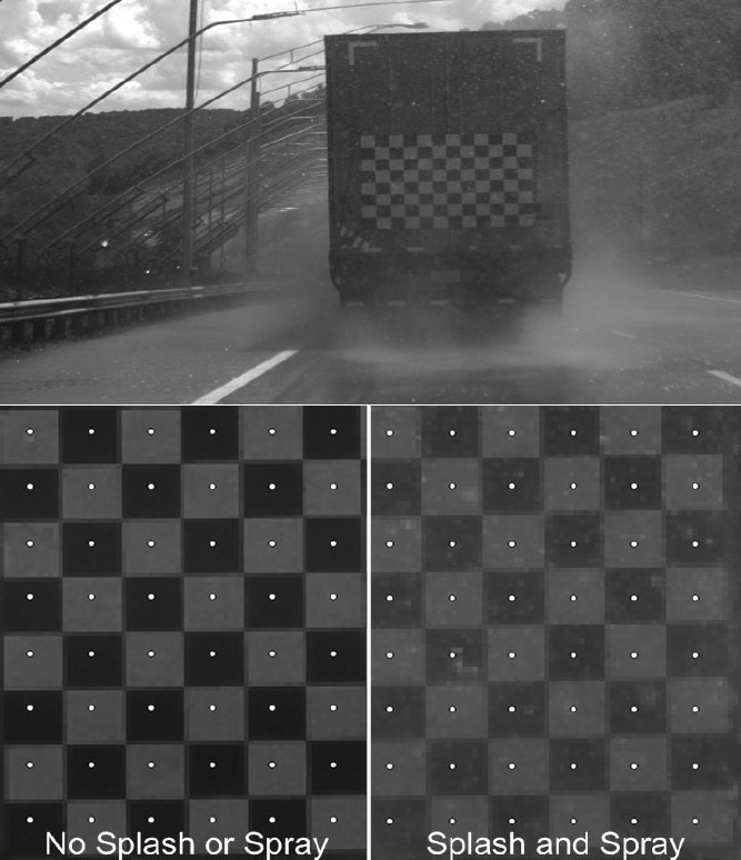 Figure 2. Photo. Occlusion factor definition. This illustration shows the occlusion factor definition. The occlusion factor was defined as the ratio of the mean luminance of 48 black squares to the mean luminance of 48 white squares. The top illustration shows the original image of the checkboard on the back of a spray vehicle. The two bottom illustrations show a close-up image of the checkerboard with measurement locations. It also illustrates the concept by comparing an image of the left side checkerboard without splash or spray to the right side checkboard with splash and spray. 