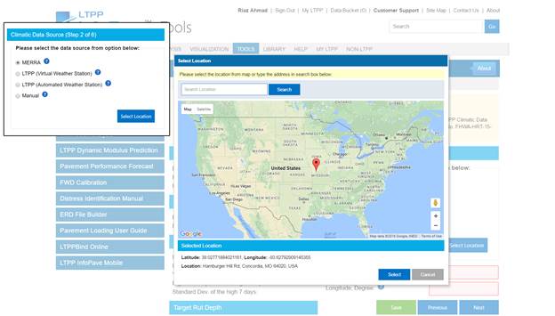 A map of the United States showing a selected location for MERRA Data LTPPBind Online is shown on the LTPP InfoPaveTM website by showing a map of the United States and a small part of Canada with all the names and boundary lines of the states marked. The specific MERRA cell is marked with the image of a pushpin. The latitude and longitude of the pinned location along with the location’s precise address are shown below the map on the left bottom edge. There are text boxes along the top left and along the left side of the map that give information to the user. Below the map there are tools to make the map image either larger or smaller and along the top left edge above the map there is a box the user can access to search for additional information.