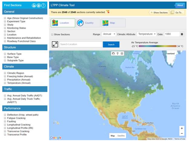 This is a screenshot of the Long-Term Pavement Performance (LTPP) Climate Tool taken from the LTPP InfoPave™ Web site. The Climate Tool graphical interface shows a map of North America with climate data selected by location. A dropdown selection box runs down the left side of the screen showing options for the user to choose what types of data to search under. The selections are organized under five headings: General, Structure, Climate, Traffic, and Performance. Under each major heading, there is a series of boxes to choose for more specific search criteria.