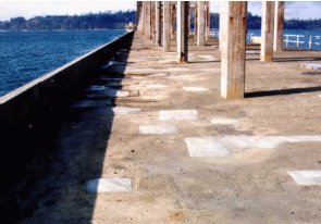 Photo A shows about a dozen whitish irregular square areas on the pontoon deck, between the pillars and the edge. 