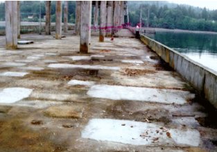 Photo C shows more than a dozen irregular patched areas of various sizes, extending across the pontoon deck. The largest patch appears to be a rectangle several feet long. 