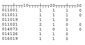 Line 1: 011001, 1, 1, 1, 0; Line 2: 011011, 1, 1, 1, 0; Line 3: 011019, 1, 1, 0, Blank Space; Line 4: 011021, 2, 1, 0, 0; Line 5: 014073, 1, 0, 1, 0; Line 6: 014126, 1, 1, 0, Blanck Space; Line 7: 016019, 1, 1, 0, Blank Space