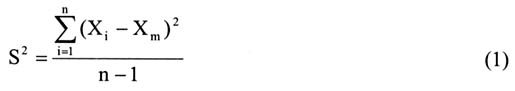 Equation 1: S squared = (the summation from i=1 to n of (X subscript 1 minus X subscript m) squared) over (n minus 1)