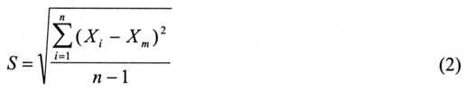 Equation 2: S = the square root of ((the summation from i=1 to n of (X subscript 1 minus X subscript m) squared) over (n minus 1))