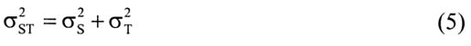 Equation 5: (sigma subscript ST) squared = (sigma subscript S) squared plus (sigma subscript T) squared