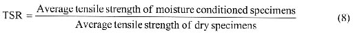 Equation 8: TSR = average tensile strength of moisture conditioned specimens over average tensile strength of dry specimens.