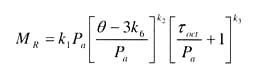 Equation 3: resilient modulus equals regression constant 1 times atmospheric pressure times [(bulk stress minus (3 times regression constant 6)) divided by atmospheric pressure] to the regression constant 2 times [octahedral shear stress divided by (atmospheric pressure plus 1)] to the regression constant 3.