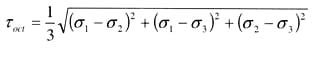 Equation 5: octahedral shear stress equals one third times the square root of [(major principal stress minus intermediate principal stress) squared plus (major principal stress minus (minor principal stress divided by confining pressure) squared plus (intermediate principal stress minus the (minor principal stress divided by confining pressure)squared].