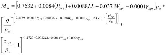 Equation 6: resilient modulus equals [0.7632 plus (0.0084 times the percentage passing the three eighths inch sieve) plus (0.0088 times the liquid limit of soil) minus (0.0371 times the optimum water content) minus (0.0001 times maximum dry unit weight of soil)] times atmospheric pressure times [bulk stress divided by atmospheric pressure] to the [2.2159 minus (0.0016 times percentage passing the three eighths inch sieve) plus (0.0008 times the liquid limit of soil) minus (0.038 times optimum water content) minus (0.0006 times maximum dry unit weight of soil) plus (2.4 times (10 to the negative 7) times (maximum dry unit weight of soil squared divided by the percentage passing the number 40 sieve)] times [(octahedral shear stress divided by atmospheric pressure) plus 1] to the [negative 1.1720 minus (0.0082 times the liquid limit of soil) minus (0.0014 times optimum water content) plus (0.0005 times maximum dry unit weight of soil)].