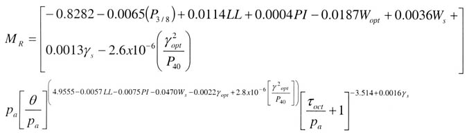 Equation 7: resilient modulus equals [negative 0.8282 minus (0.0065 times percentage passing the three eights inch sieve) plus (0.0114 times the liquid limit of soil) plus (0.0004 times plasticity index of soil) minus (0.0187 times optimum water content) plus (0.0036 times the water content of the test specimen) plus (0.0013 times the dry density of the test specimen) minus (2.6 time (10 to the negative 6) times (maximum dry weight unit of soil squared divided by the percentage passing the number 40 sieve] times atmospheric pressure times [bulk stress divided by atmospheric pressure] to the [negative 4.9555 minus (0.0057 times liquid limit of soil) minus (0.0075 times plasticity index of soil) minus (0.0470 times the water content of the test specimen) minus (0.0022 times maximum dry unit weight of soil) plus (2.8 time (10 to the negative 6) times (maximum dry unit weight of soil squared divided by percentage passing the number 40 sieve)] times [(octahedral shear stress divided by atmospheric pressure) plus1] to the [negative 3.514 plus (0.0016 times the dry density of the test specimen)].