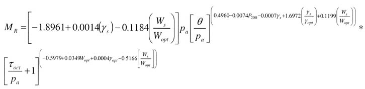 Equation 8: resilient modulus equals [negative 1.8961 plus (0.0014 times the dry density of the test specimen) minus (0.1184 times (the water content of the test specimen divided by optimum water content))] times atmospheric pressure times [bulk stress divided by atmospheric pressure] to the [0.4960 minus (0.0074 times percentage passing number 200 sieve) minus (0.0007 times the dry density of the test specimen) plus (1.6972 times (the dry density of the test specimen divided by maximum dry unit weight of soil)) plus (0.1199 times (the water content of the test specimen divided by optimum water content)] times [(octahedral shear stress divided by atmospheric pressure) plus 1] to the [negative 0.5979 plus (0.0349 times optimum water content) plus (0.0004 times maximum dry unit weight of soil) minus (0.5166 times (the water content of the test specimen divided by optimum water content)].