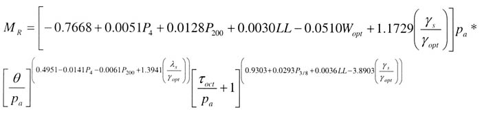 Equation 11: resilient modulus equals [negative 0.7668 plus (0.0051 times percentage passing number 4 sieve) plus (0.0128 times percentage passing number 200 sieve) plus 0.0030 times liquid limit of soil) minus (0.0510 times optimum water content plus (1.1729 times (the dry density of the test specimen divided by maximum dry unit weight of soil))] times atmospheric pressure times times [(bulk stress divided by atmospheric pressure) to the (0.4951 minus (0.0141 times percentage passing number 4 sieve) minus (0.0061 times percentage passing number 200 sieve) plus (1.3941 times (dry density of test specimen divided by maximum dry unit weight of soil)] times [((octahedral shear stress divided by atmospheric pressure) plus1) to the (0.9303 plus (0.0293 times percentage passing three eighths inch sieve) plus (0.0036 times liquid limit of soil) minus (3.8903 times (the dry density of the test specimen divided by maximum dry unit weight of soil))].